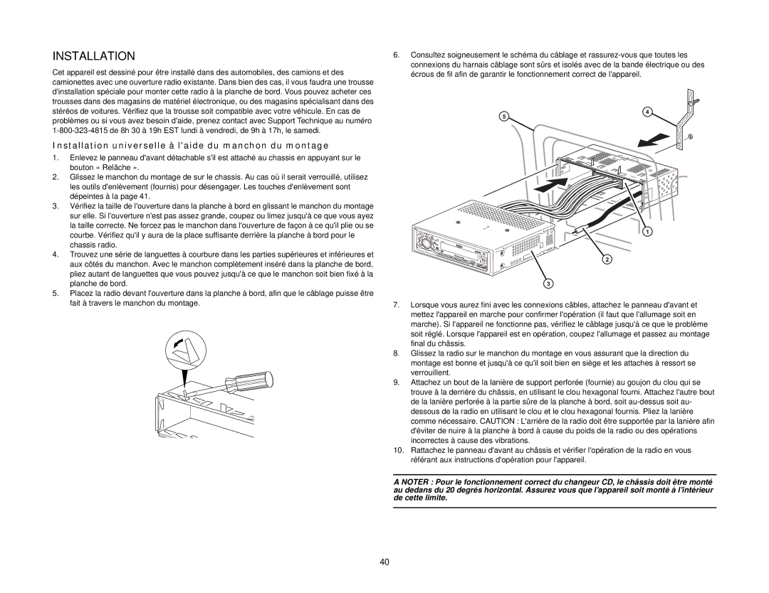 Jensen MPX6411 instruction manual Installation universelle à laide du manchon du montage 