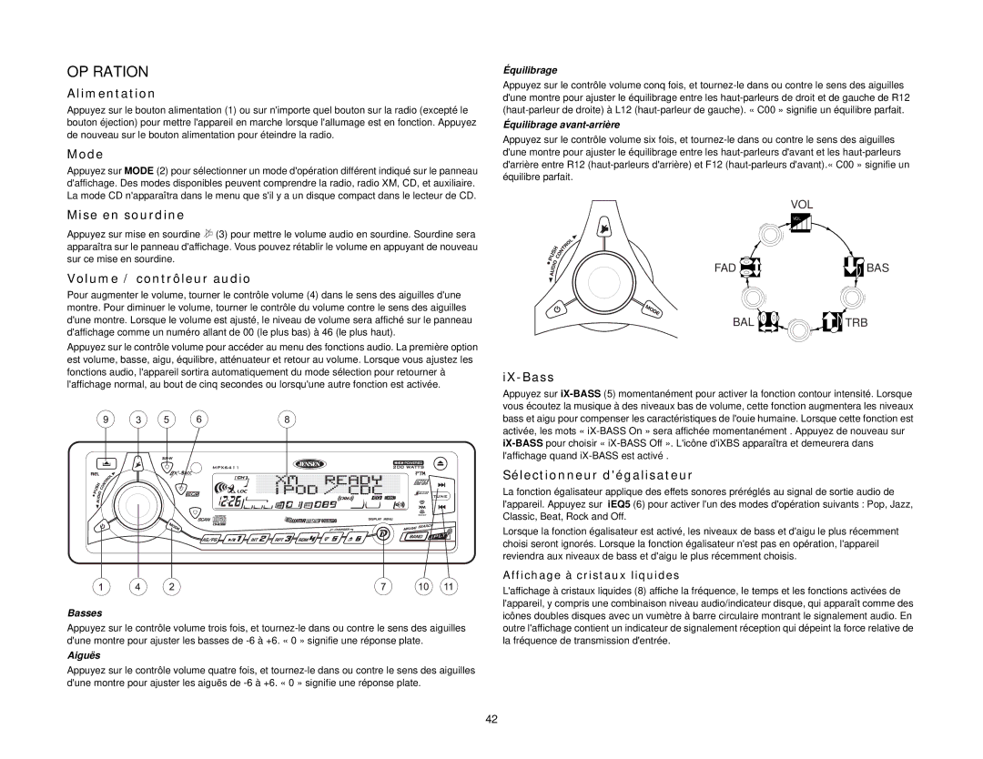 Jensen MPX6411 Opération, Alimentation, Mise en sourdine, Volume / contrôleur audio, Sélectionneur dégalisateur 