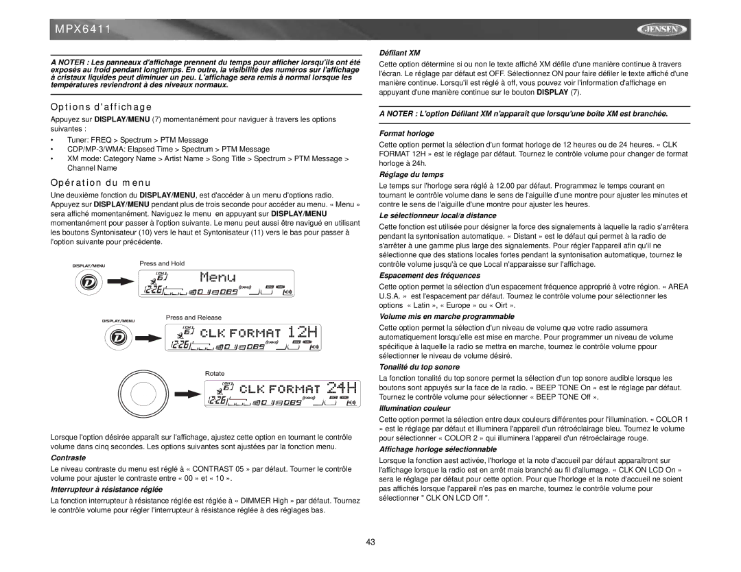 Jensen MPX6411 instruction manual Options daffichage, Opération du menu 