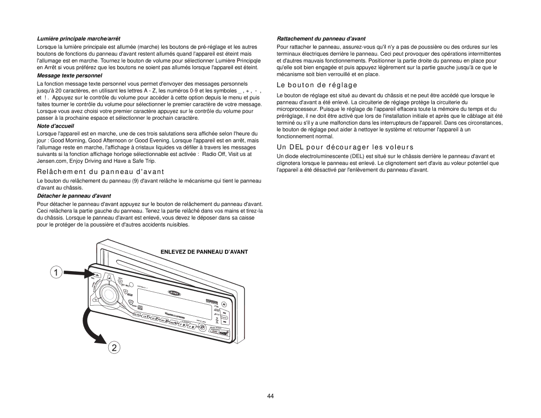 Jensen MPX6411 instruction manual Relâchement du panneau davant, Le bouton de réglage, Un DEL pour décourager les voleurs 