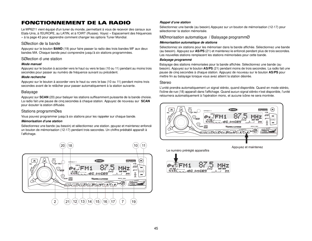 Jensen MPX6411 instruction manual Fonctionnement DE LA Radio 