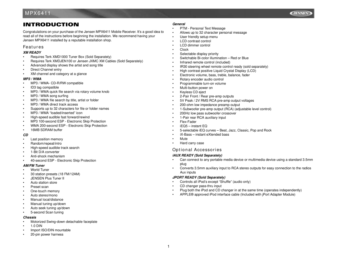 Jensen MPX6411 instruction manual Introduction, Features, Optional Accessories 