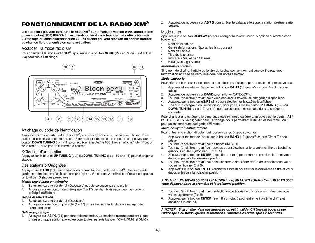 Jensen MPX6411 instruction manual Fonctionnement DE LA Radio XM 