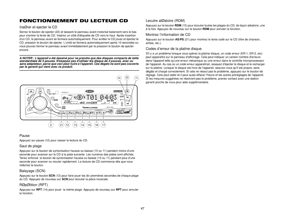 Jensen MPX6411 instruction manual Fonctionnement DU Lecteur CD 