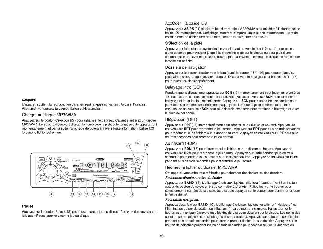 Jensen MPX6411 Charger un disque MP3/WMA, Accéder à la balise ID3, Sélection de la piste, Dossiers de navigation 