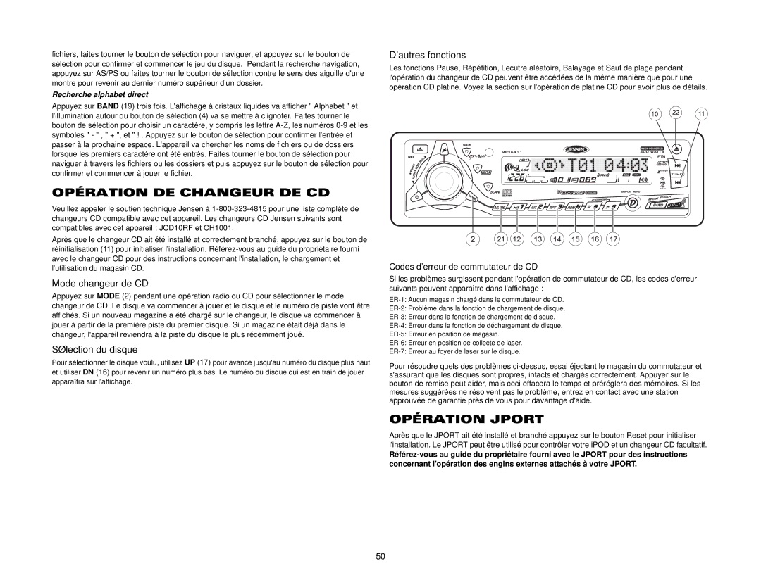 Jensen MPX6411 Opération DE Changeur DE CD, Opération Jport, Mode changeur de CD, Sélection du disque, Dautres fonctions 