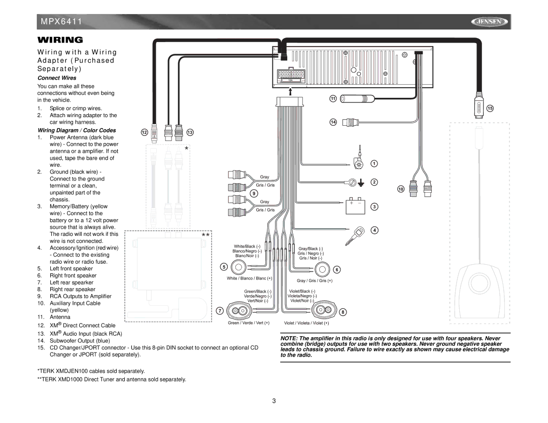 Jensen MPX6411 instruction manual Wiring with a Wiring Adapter Purchased Separately, Connect Wires 