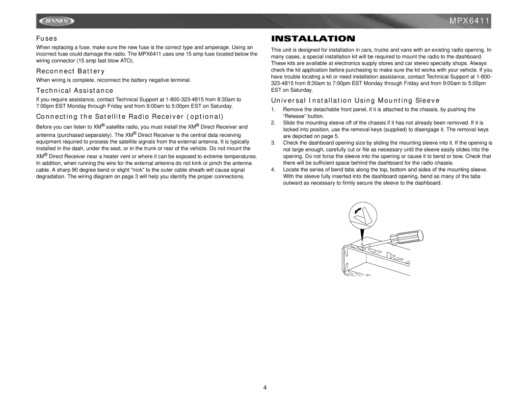 Jensen MPX6411 instruction manual Installation 