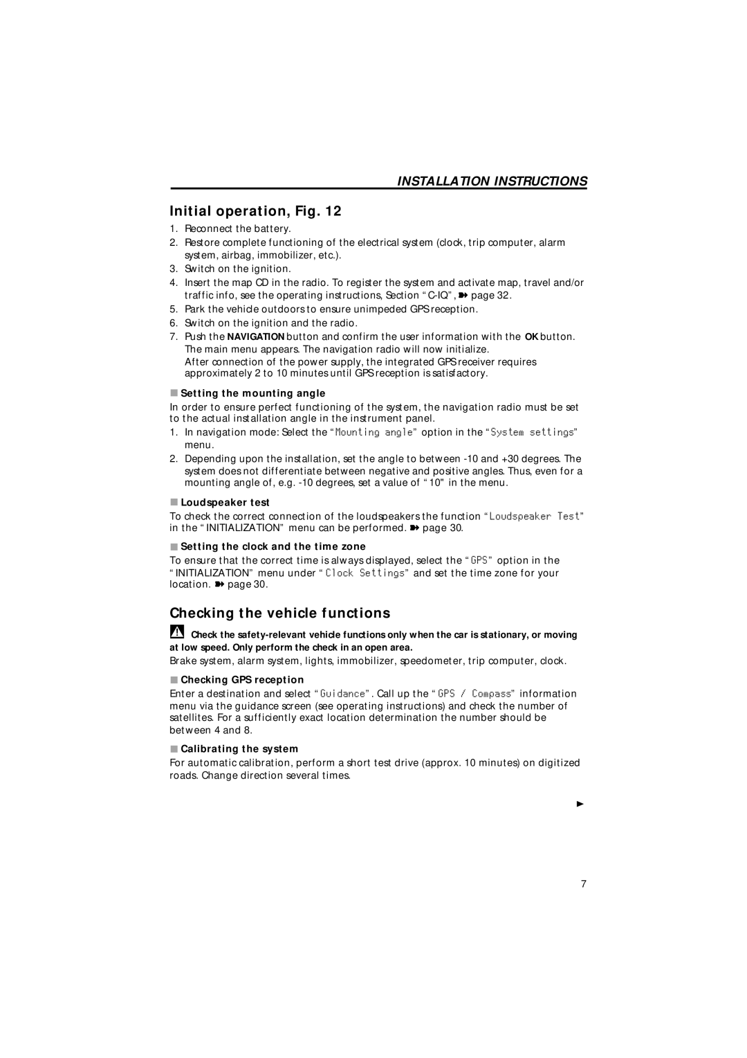 Jensen MS4200RS user manual Initial operation, Fig, Checking the vehicle functions 