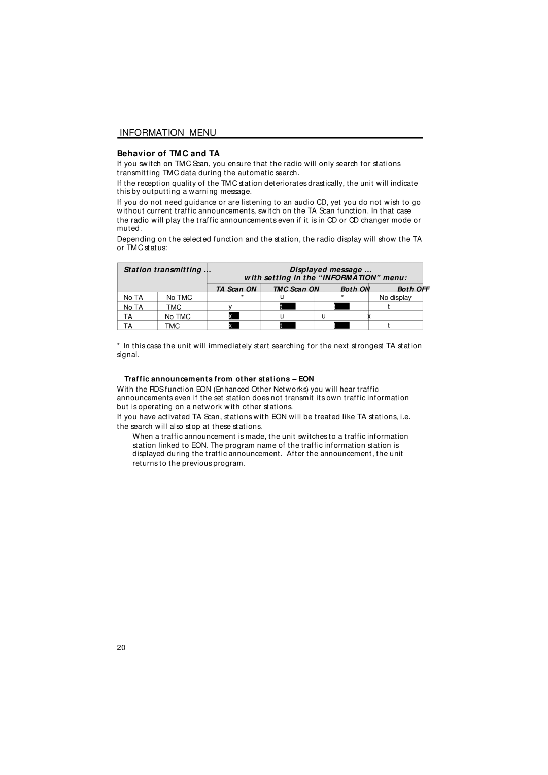 Jensen MS4200RS user manual Behavior of TMC and TA, Displayed message …, Traffic announcements from other stations EON 