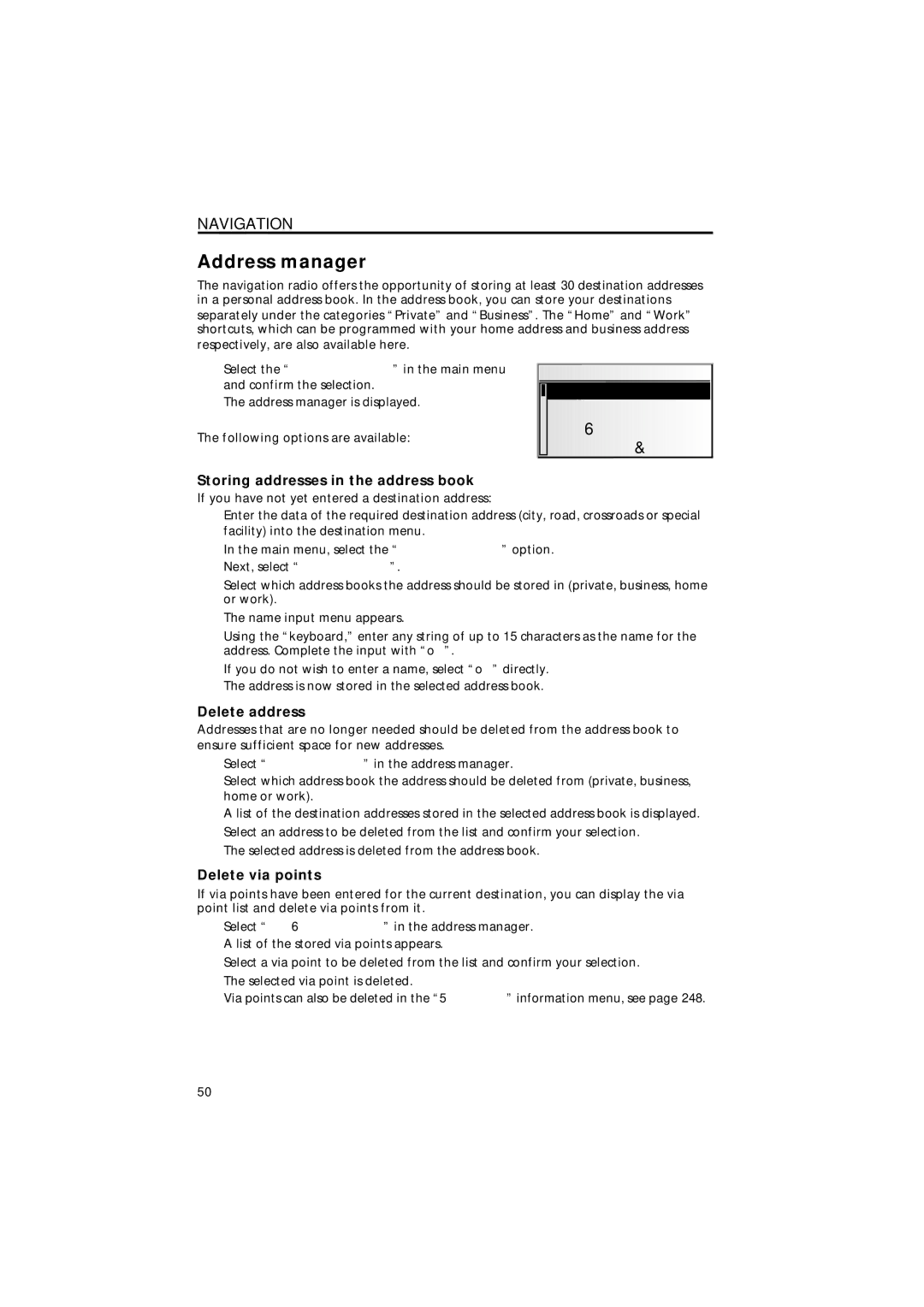 Jensen MS4200RS user manual Address manager, Storing addresses in the address book, Delete address, Delete via points 