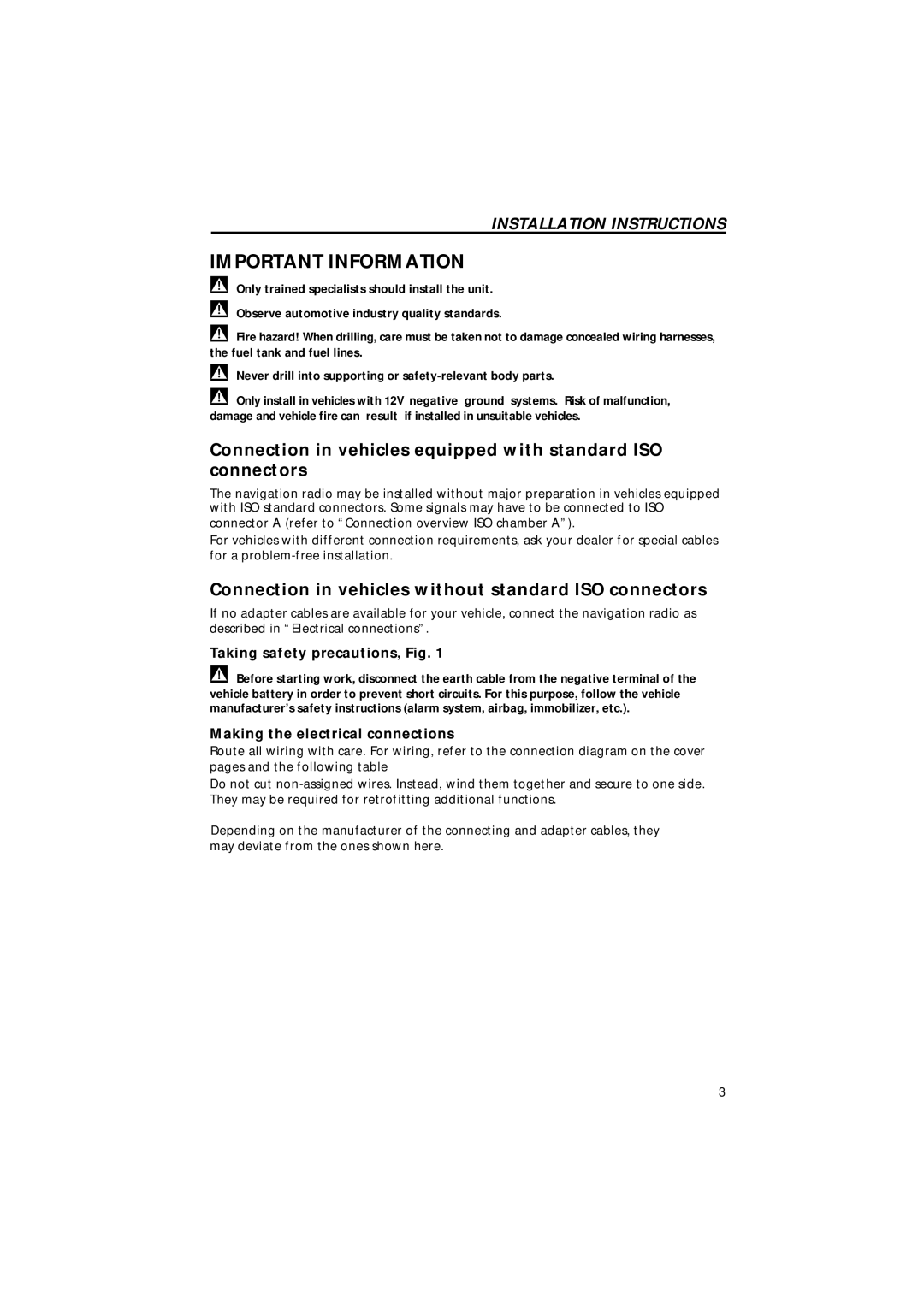 Jensen MS4200RS user manual Connection in vehicles without standard ISO connectors, Taking safety precautions, Fig 