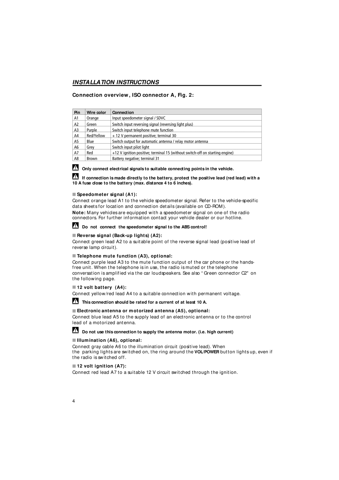 Jensen MS4200RS Connection overview, ISO connector A, Fig, Telephone mute function A3, optional, Volt battery A4 