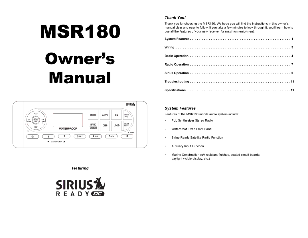 Jensen MSR180 owner manual Thank You, System Features, Featuring 