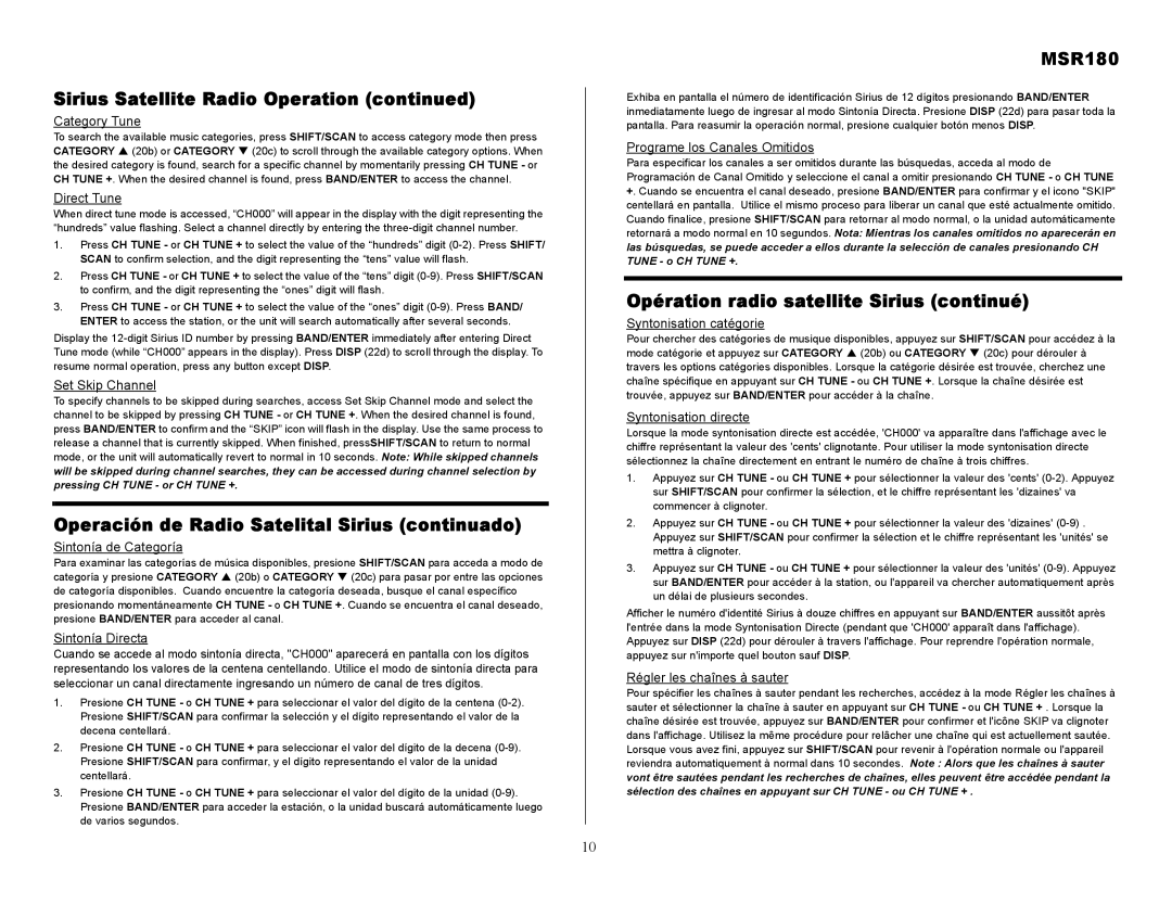 Jensen MSR180 owner manual Operación de Radio Satelital Sirius continuado, Opération radio satellite Sirius continué 