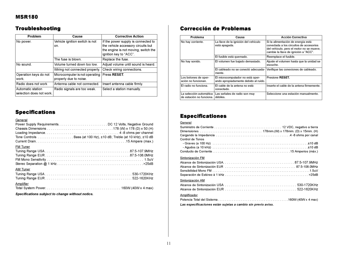 Jensen owner manual MSR180 Troubleshooting, Specifications, Corrección de Problemas, Especificationes 