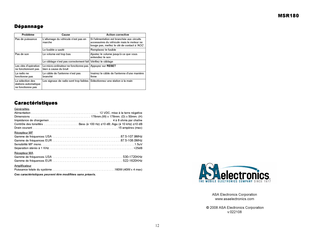 Jensen MSR180 Dépannage, Caractéristiques, ASA Electronics Corporation 022108, Problème Cause Action corrective 