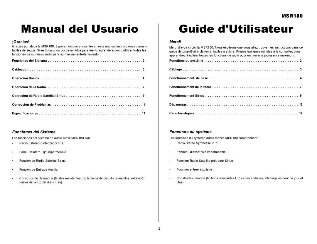 Jensen MSR180 owner manual Funciones del Sistema, Merci, Fonctions du système 