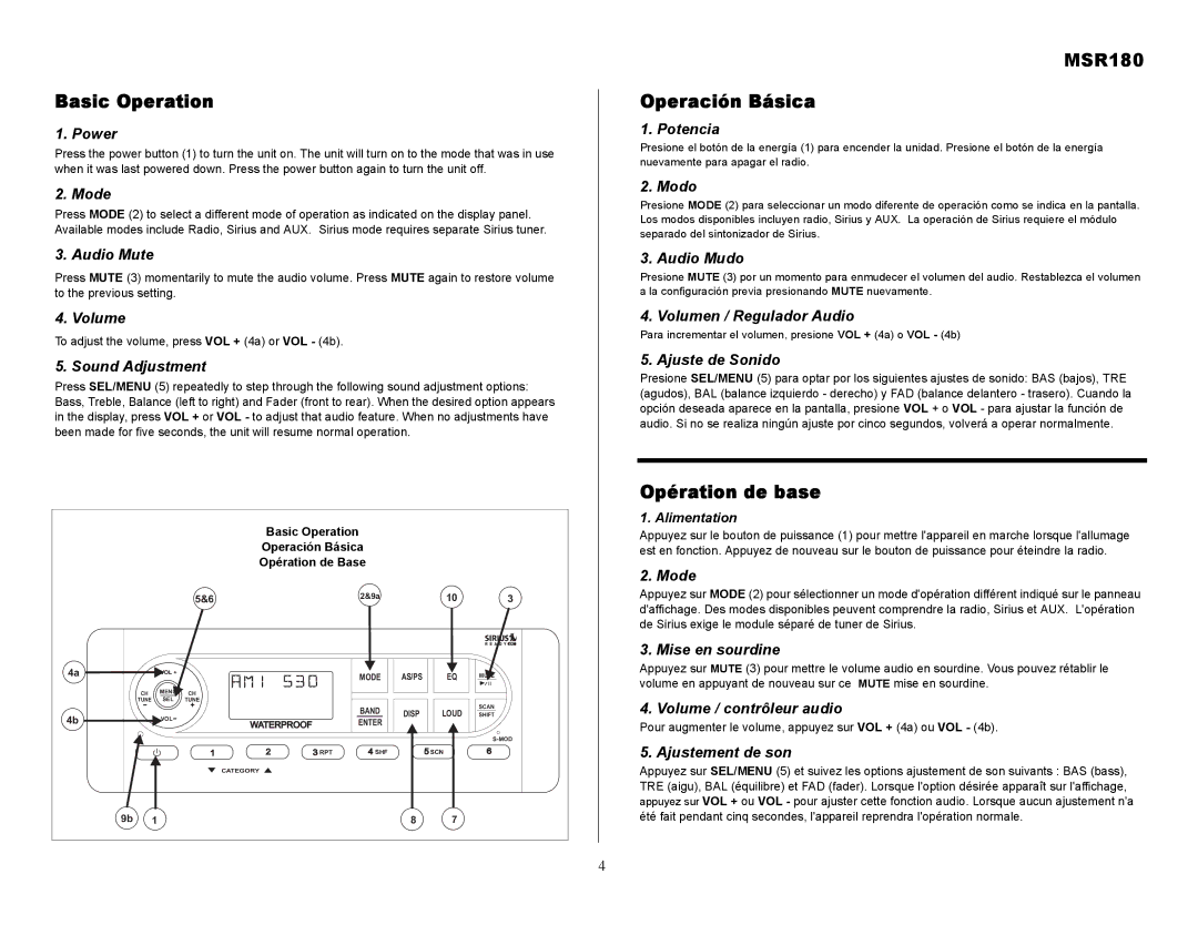 Jensen owner manual Basic Operation, MSR180 Operación Básica, Opération de base 