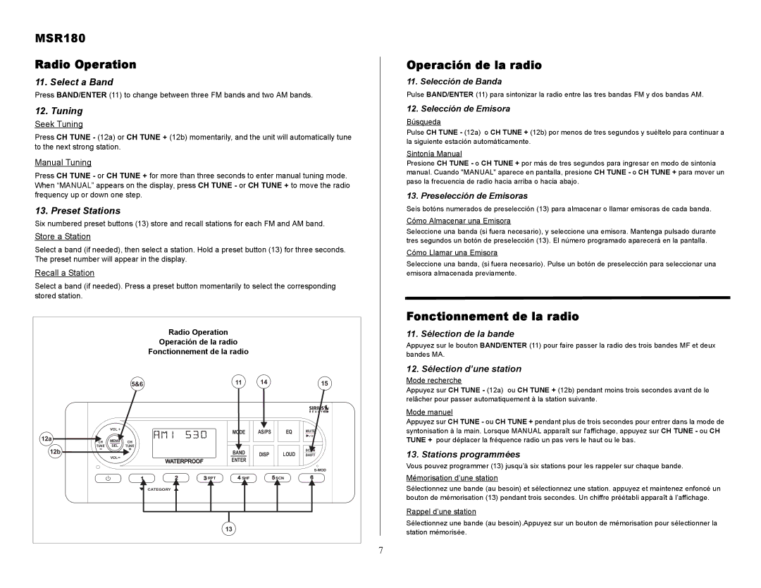 Jensen owner manual MSR180 Radio Operation, Operación de la radio, Fonctionnement de la radio 