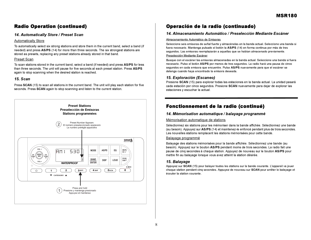 Jensen owner manual MSR180 Operación de la radio continuado, Fonctionnement de la radio continué 