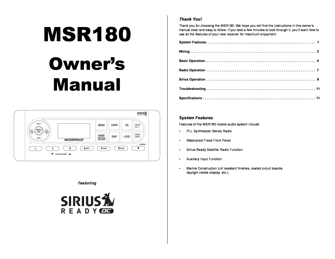 Jensen MSR180 owner manual Thank You, System Features, featuring, Owner’s Manual, Specifications 