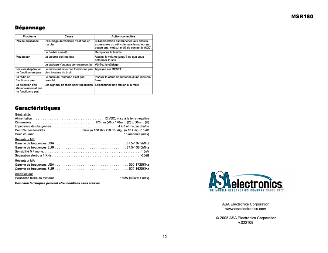 Jensen owner manual MSR180 Dépannage, Caractéristiques, ASA Electronics Corporation v.022108 