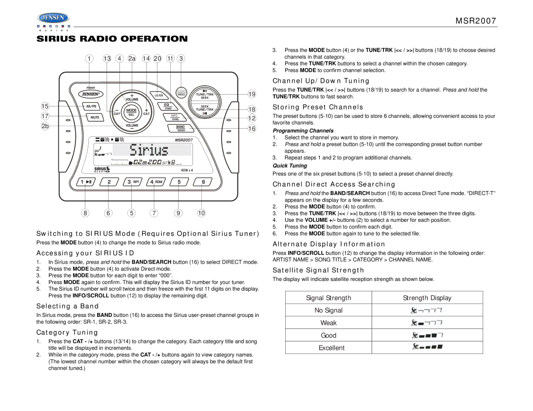 Jensen MSR2007 operation manual Sirius Radio Operation 