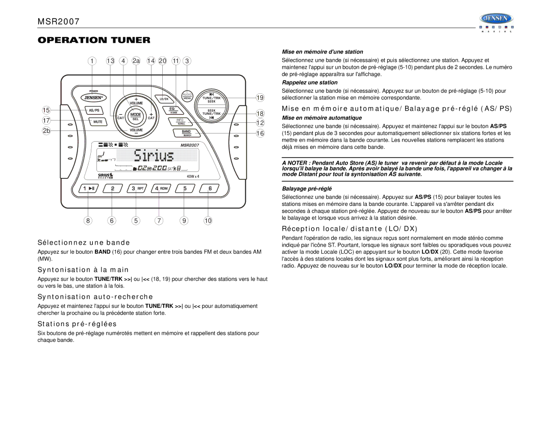 Jensen MSR2007 operation manual Operation Tuner 