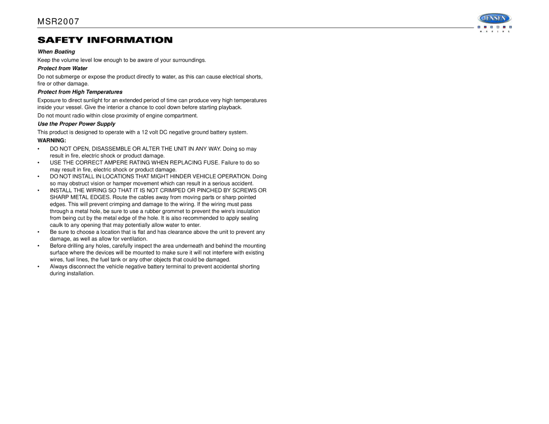 Jensen MSR2007 operation manual Safety Information, When Boating, Protect from Water, Protect from High Temperatures 