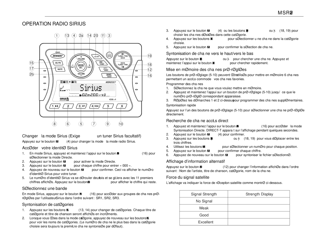 Jensen MSR2007 operation manual Operation Radio Sirius 