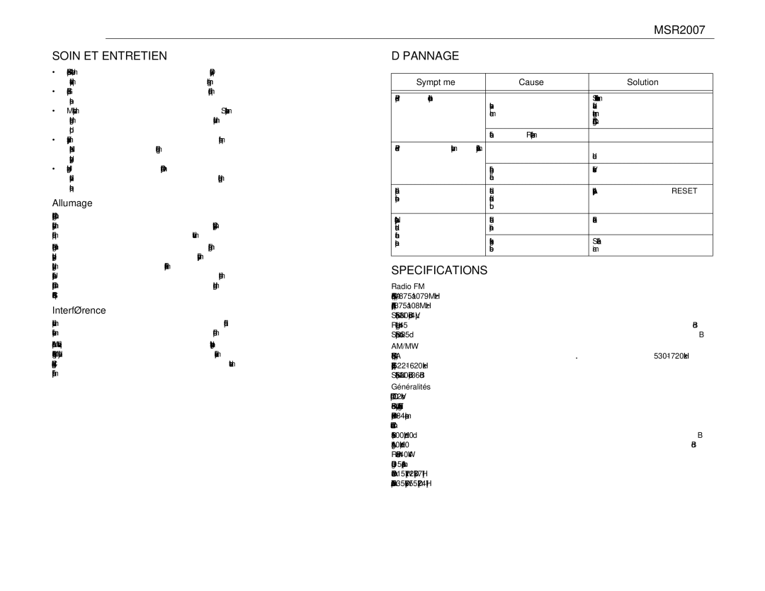 Jensen MSR2007 operation manual Soin ET Entretien Dépannage, Allumage, Interférence, Généralités 