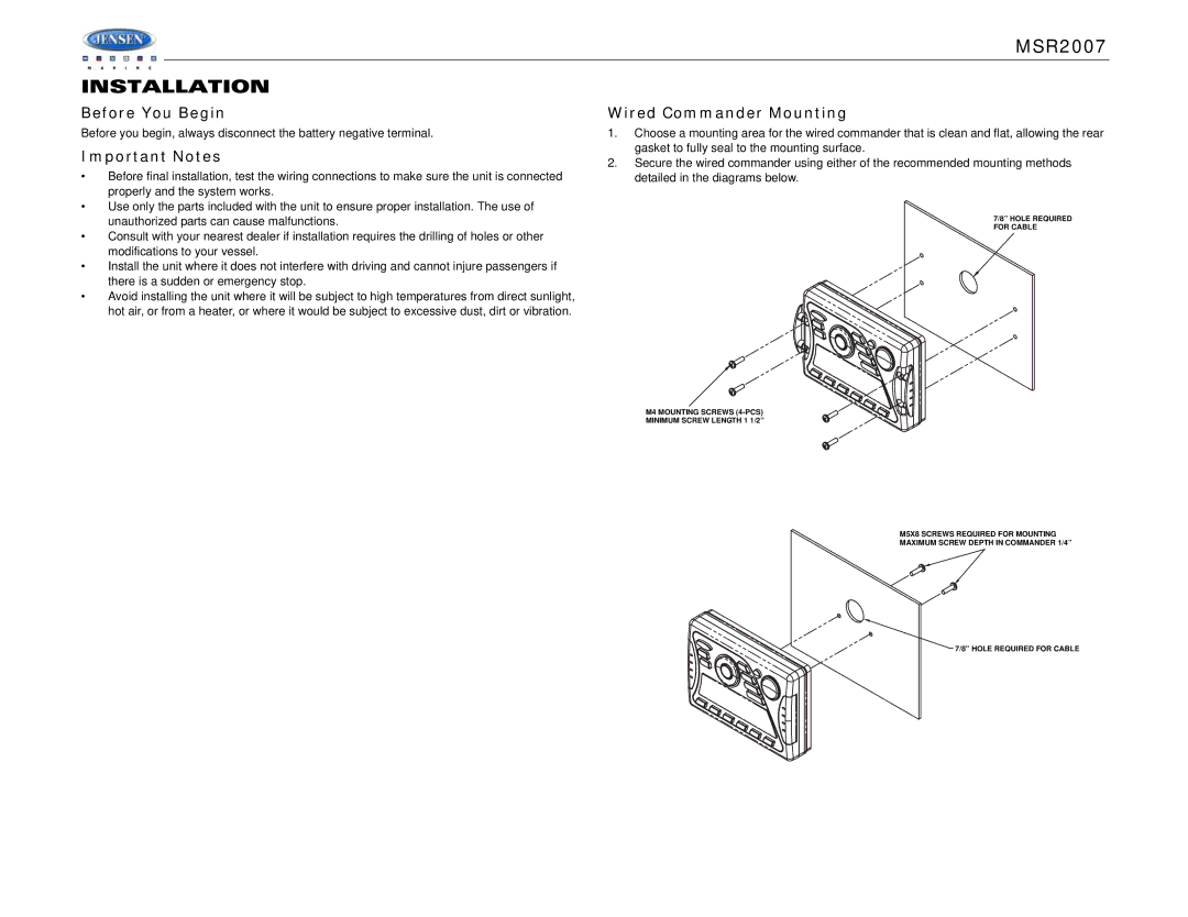 Jensen MSR2007 operation manual Installation, Before You Begin, Important Notes, Wired Commander Mounting 