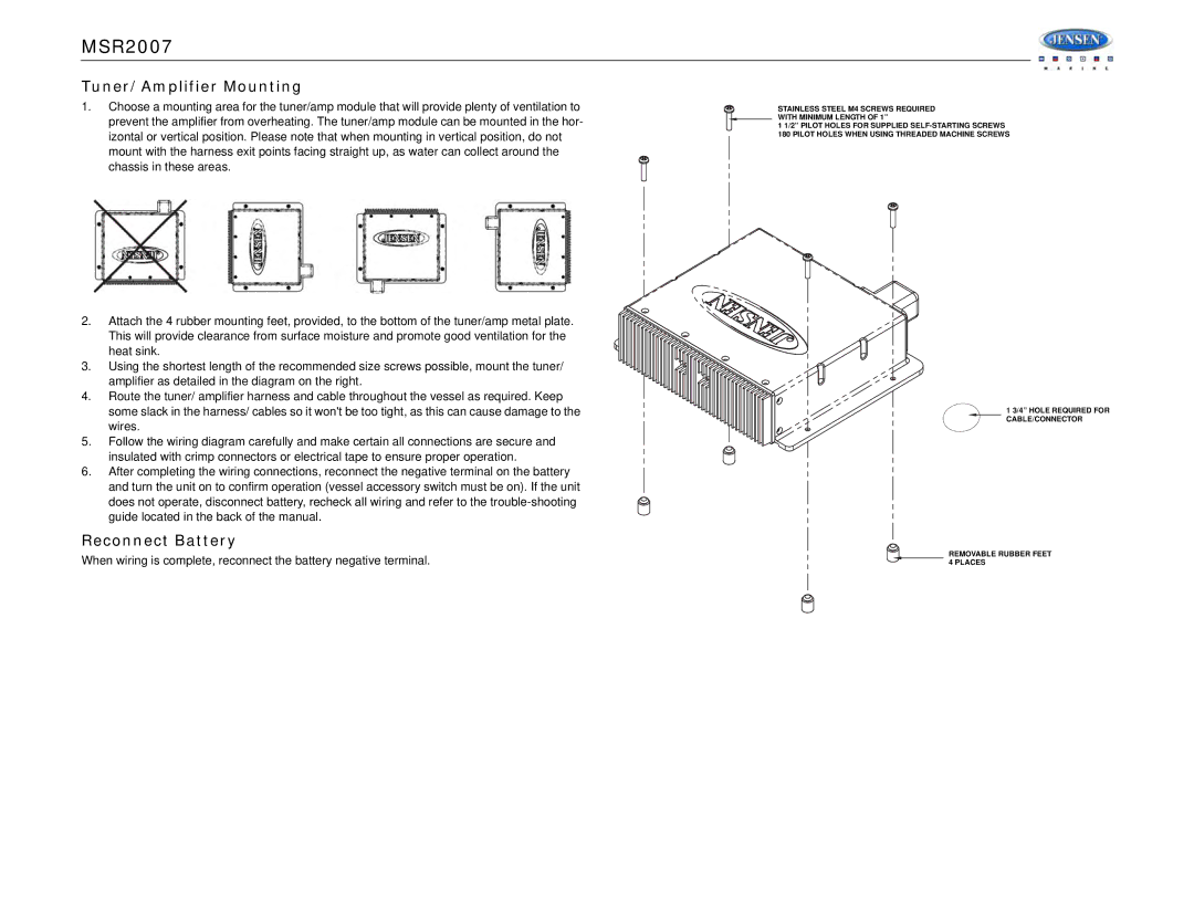 Jensen MSR2007 operation manual Tuner/Amplifier Mounting, Reconnect Battery 