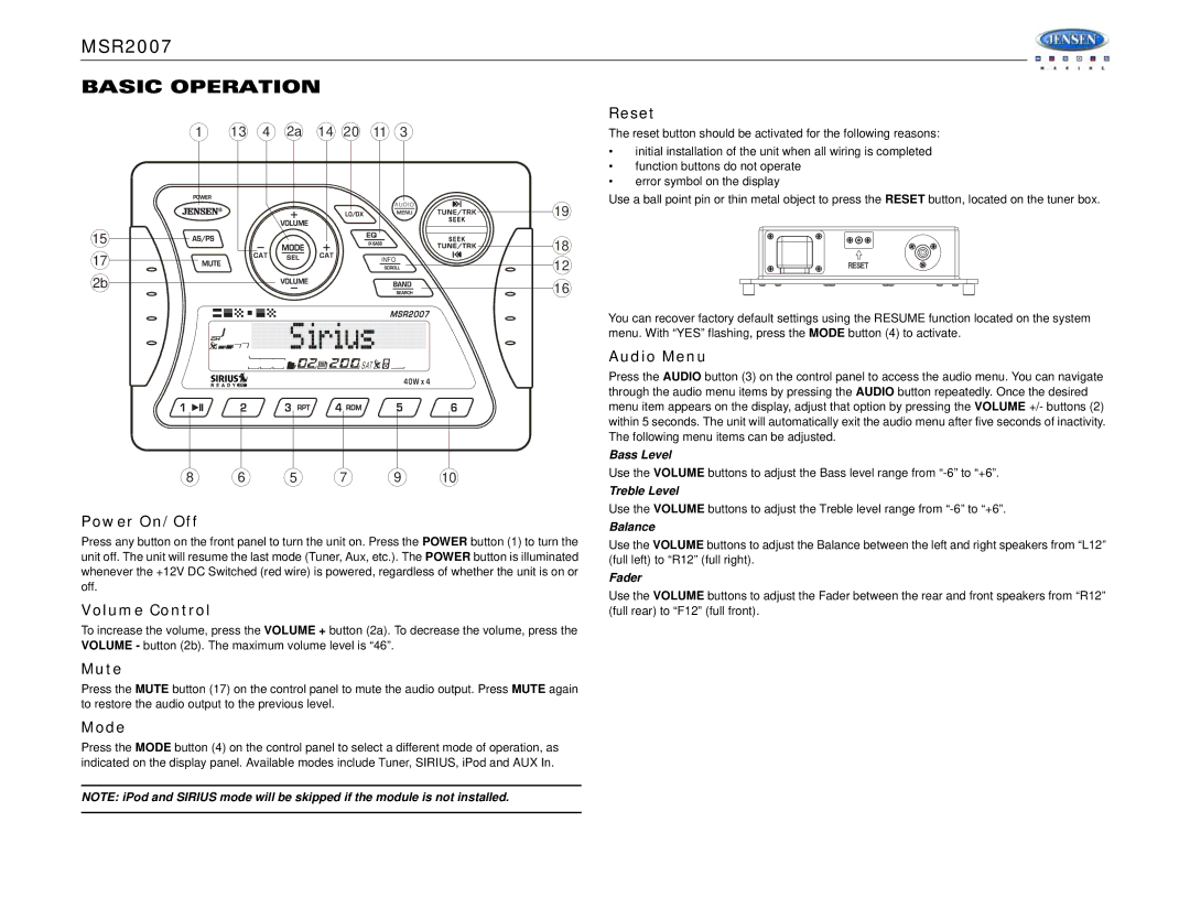 Jensen MSR2007 operation manual Basic Operation 