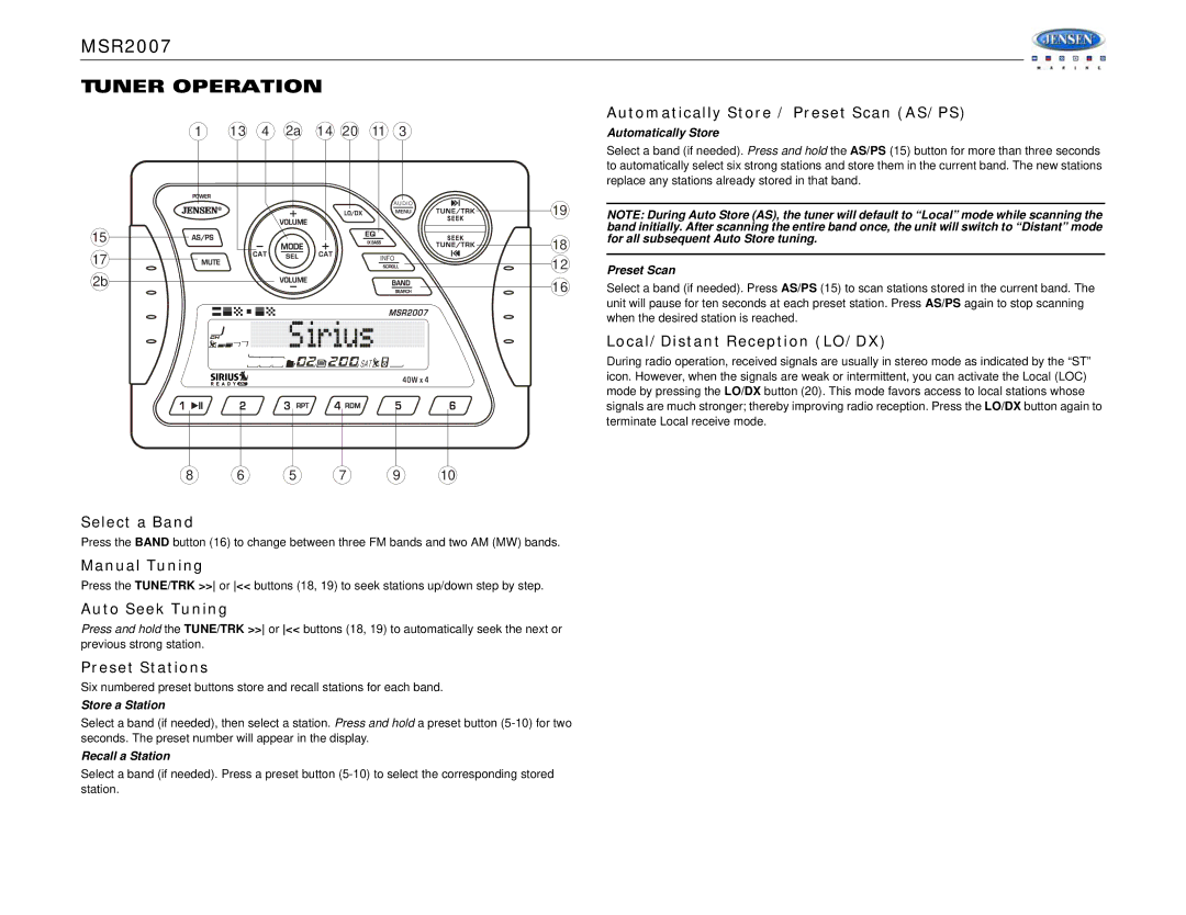 Jensen MSR2007 operation manual Tuner Operation 