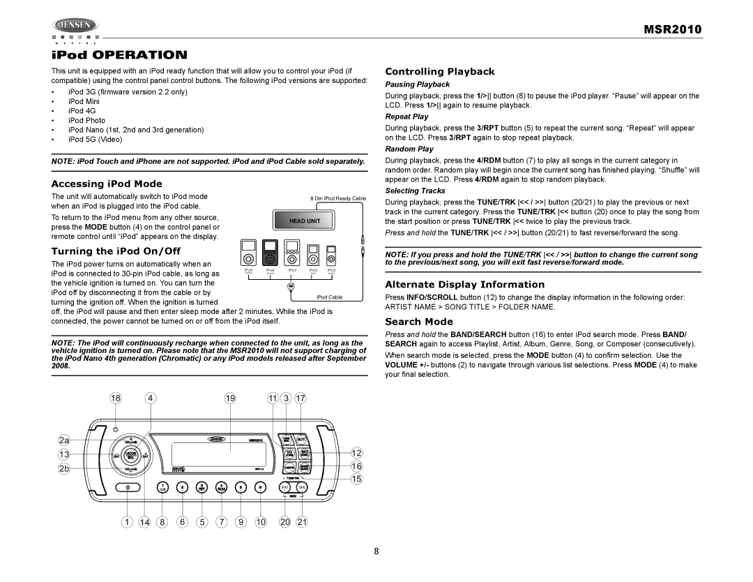 Jensen MSR2010 operation manual Controlling Playback, Accessing iPod Mode, Turning the iPod On/Off, Search Mode 