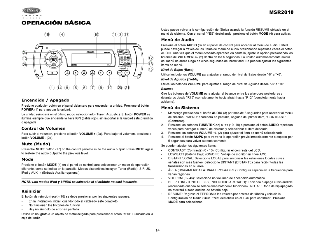 Jensen MSR2010 operation manual Operación Básica 