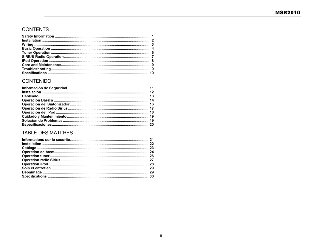 Jensen MSR2010 operation manual Contents, Contenido, Table DES Matières 