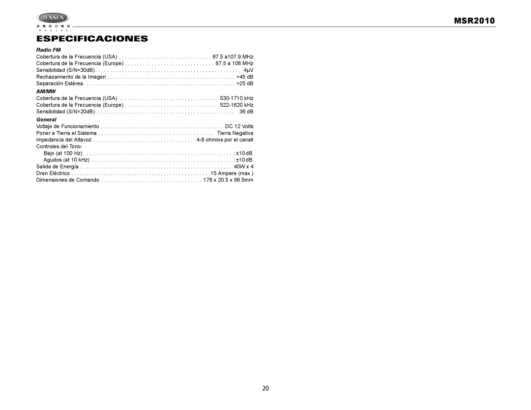 Jensen MSR2010 operation manual Especificaciones, Radio FM 