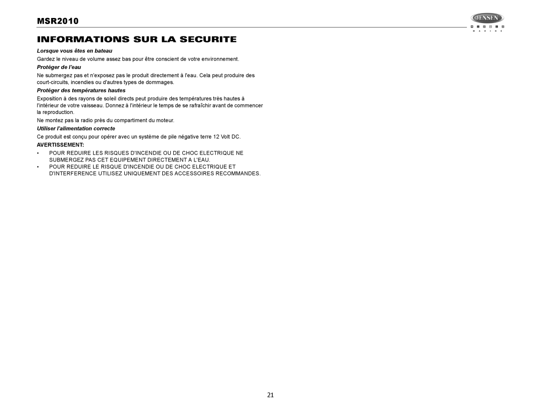 Jensen MSR2010 operation manual Informations SUR LA Securite, Lorsque vous êtes en bateau, Protéger de leau 