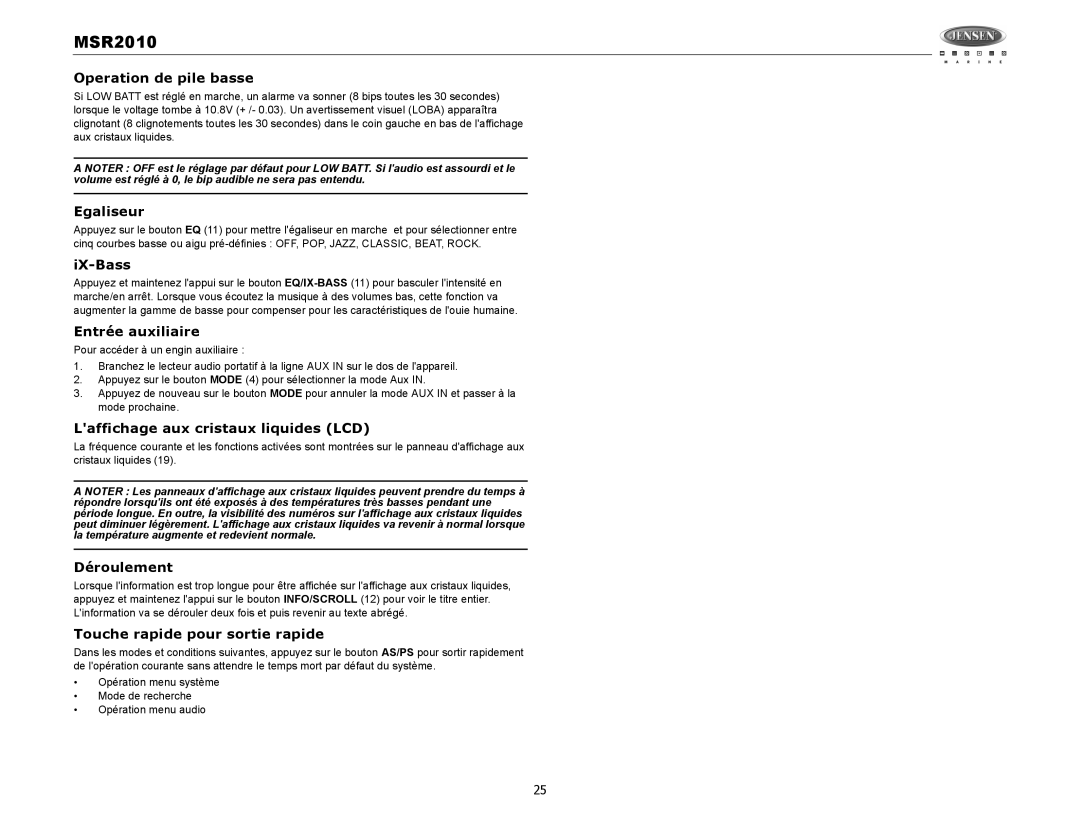 Jensen MSR2010 Operation de pile basse, Egaliseur, Entrée auxiliaire, Laffichage aux cristaux liquides LCD, Déroulement 