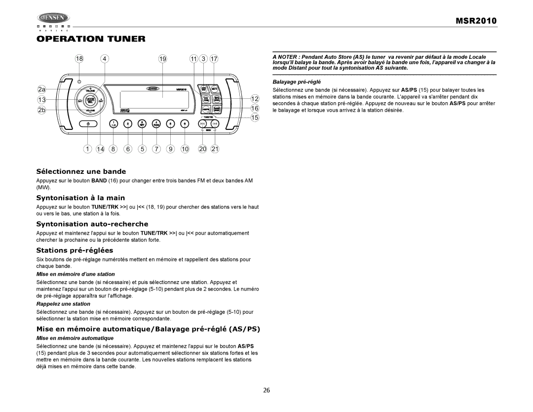 Jensen MSR2010 operation manual Operation Tuner 