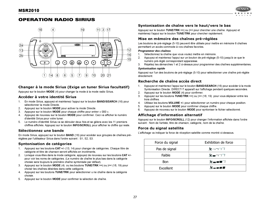 Jensen MSR2010 operation manual Operation Radio Sirius 