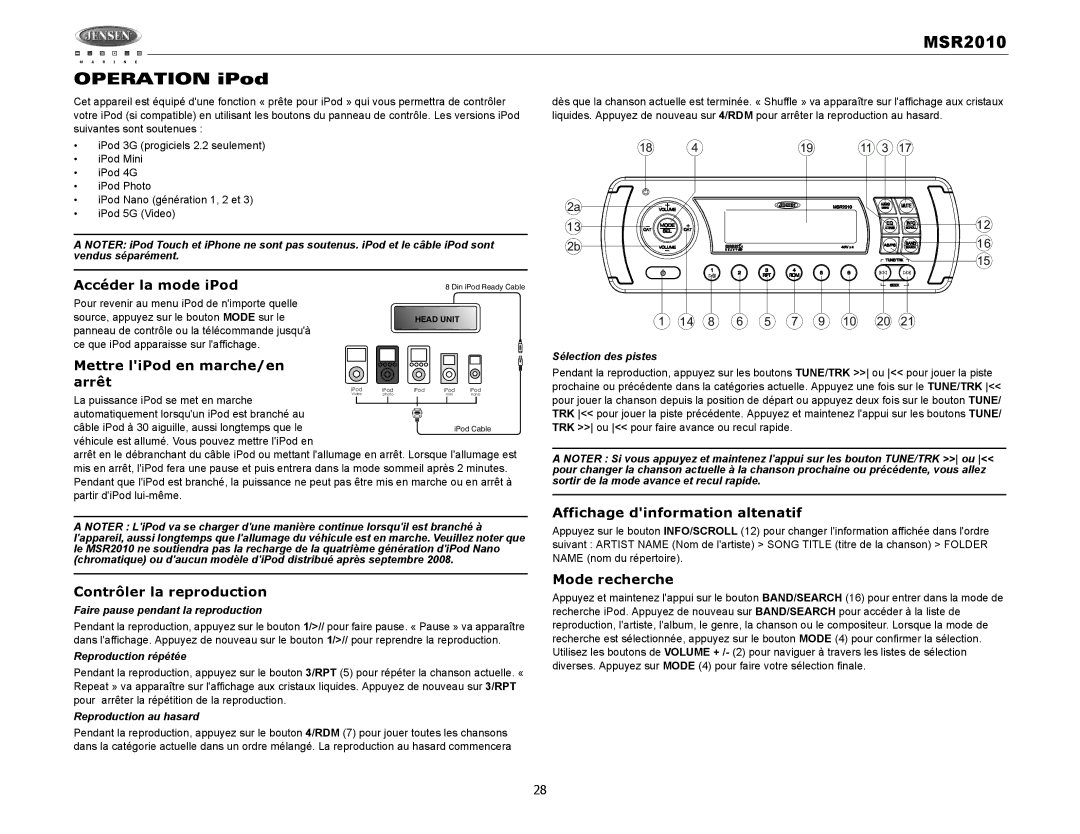 Jensen MSR2010 Accéder la mode iPod, Mettre liPod en marche/en, Arrêt, Affichage dinformation altenatif, Mode recherche 