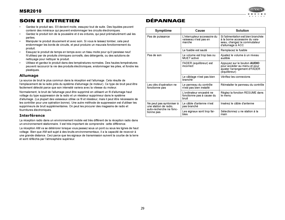 Jensen MSR2010 operation manual Soin ET Entretien Dépannage, Allumage, Interférence 