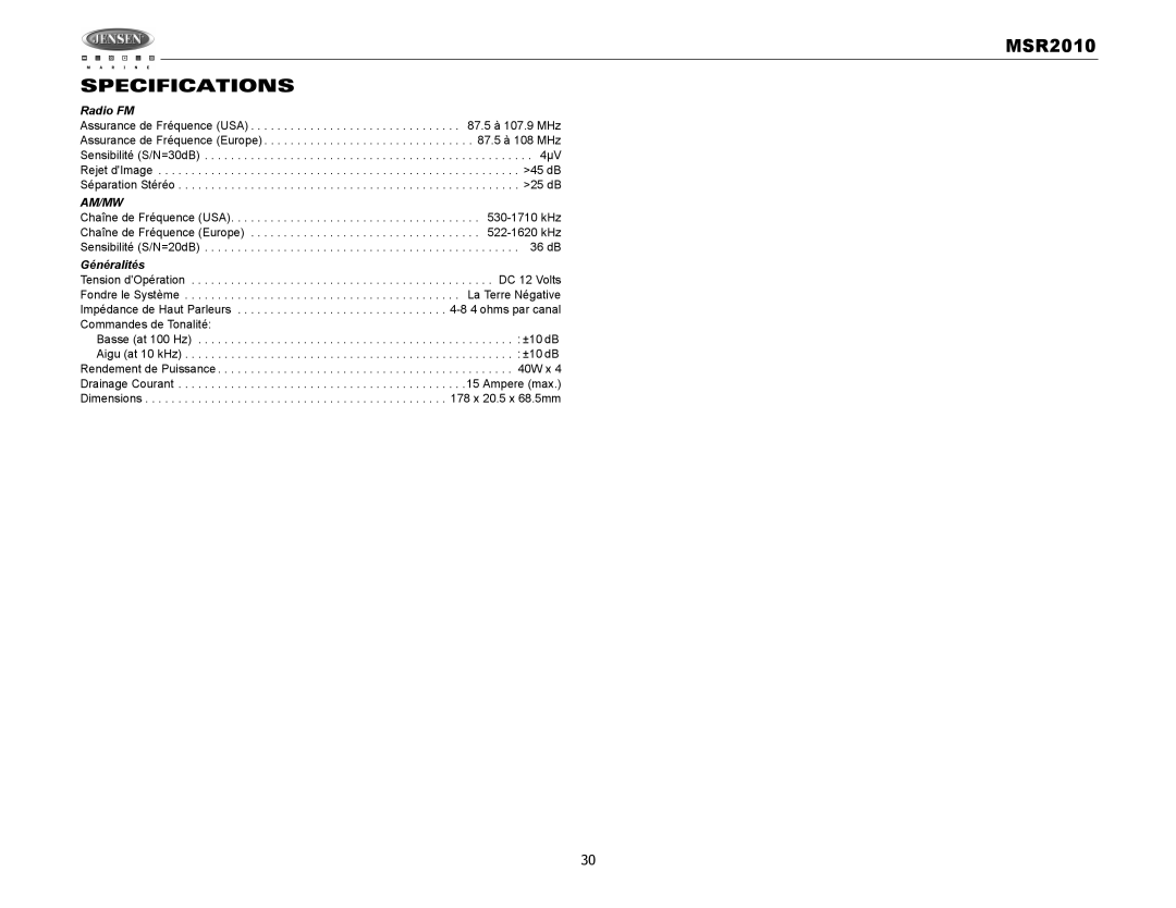 Jensen MSR2010 operation manual Specifications, Généralités 