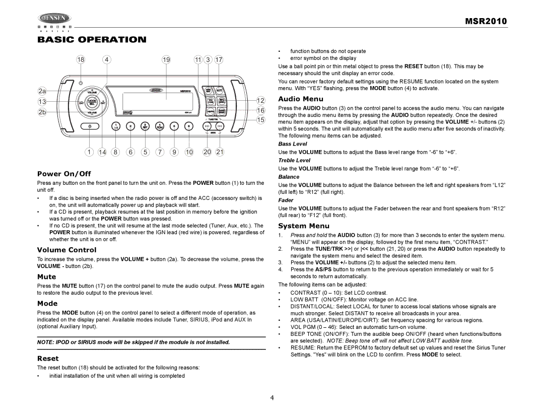 Jensen MSR2010 operation manual Basic Operation 