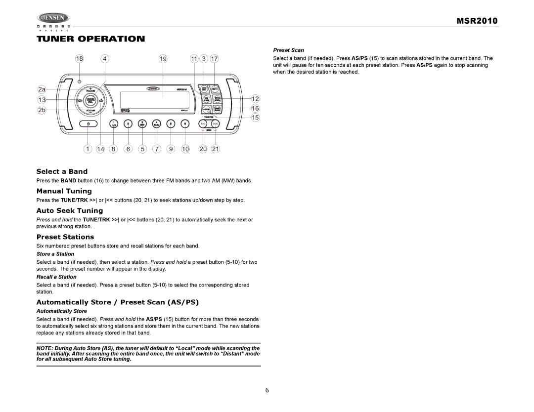 Jensen MSR2010 operation manual Tuner Operation 