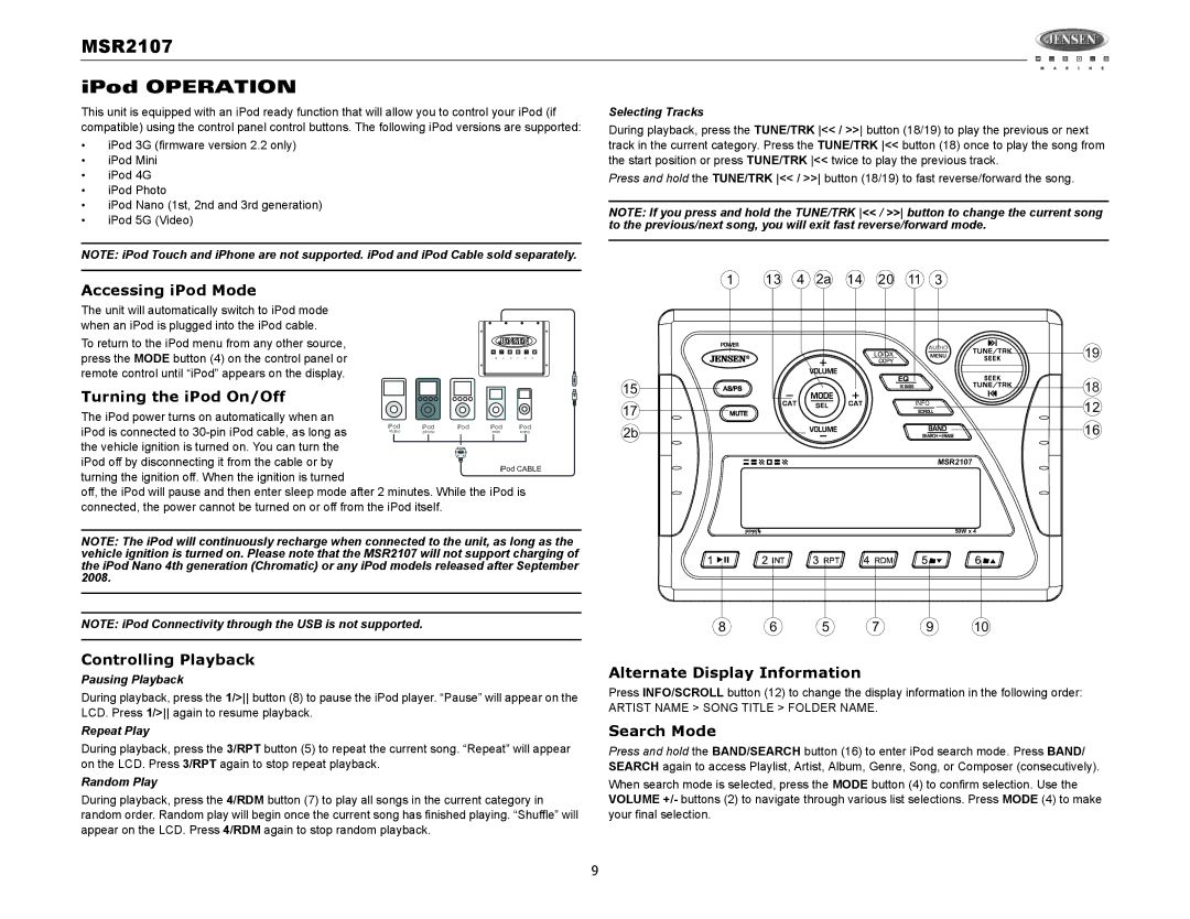 Jensen MSR2107 Accessing iPod Mode, Turning the iPod On/Off, Controlling Playback, Alternate Display Information 